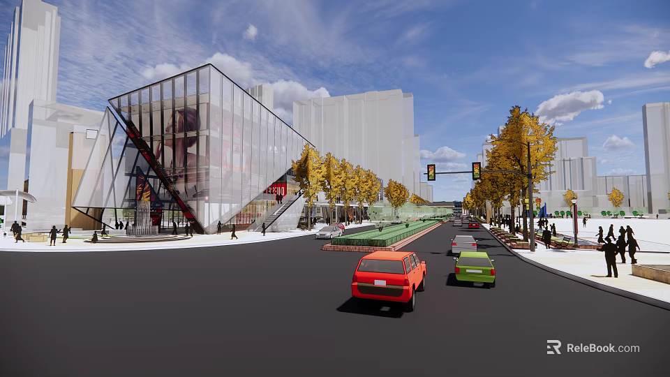 Modern Commercial Street With Glass Facade Buildings Yellow Trees And Traffic Lights 3d model 
