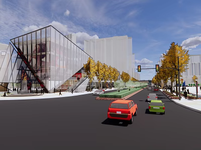 Modern Commercial Street With Glass Facade Buildings Yellow Trees And Traffic Lights 3d model