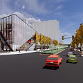 Modern Commercial Street With Glass Facade Buildings Yellow Trees And Traffic Lights