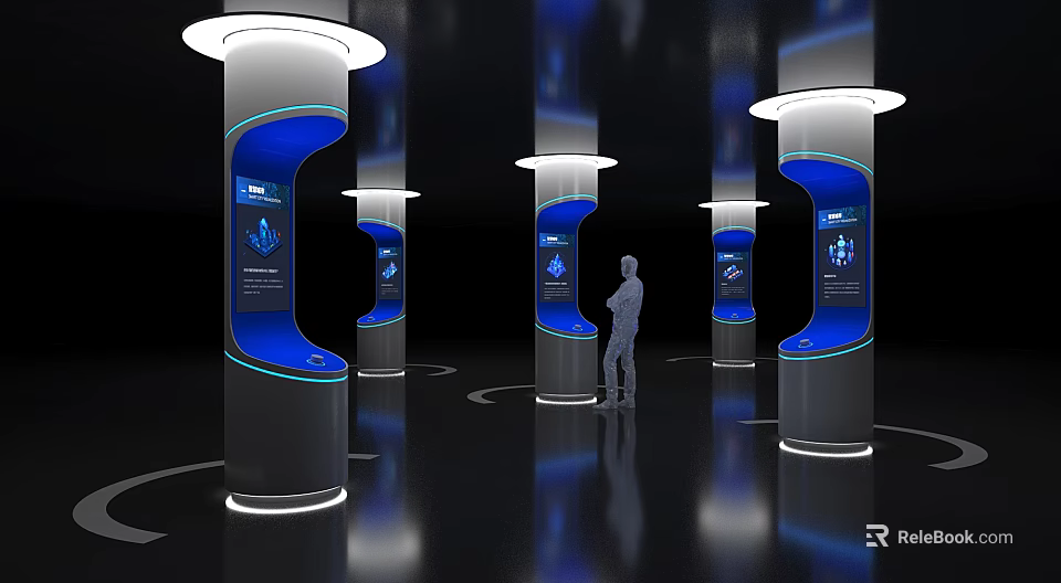 Modern Tech Exhibition With Interactive Blue Display Columns And Person 3d model 