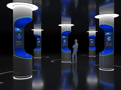 Modern Tech Exhibition With Interactive Blue Display Columns And Person 3d model