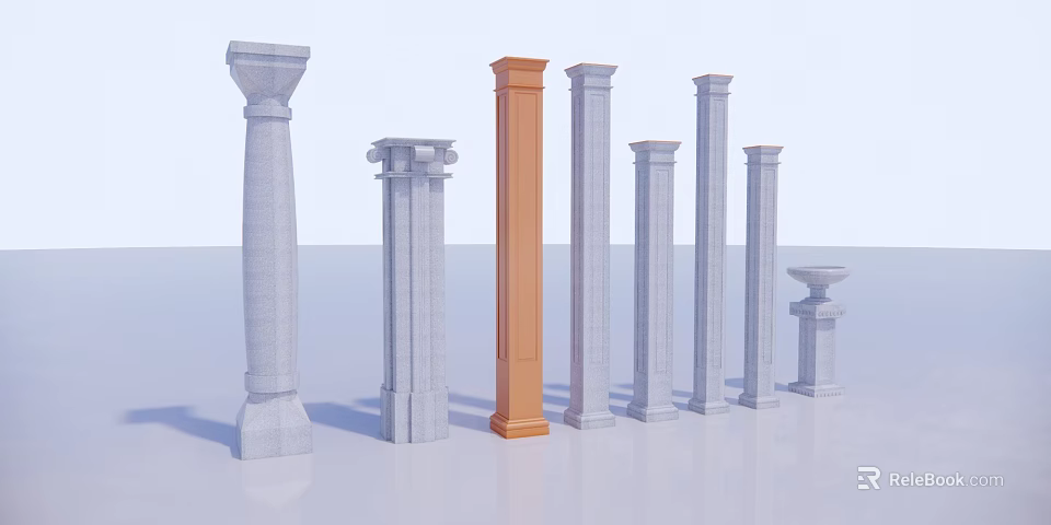 Ornamental Garden Pillars In Various Styles Featuring Orange And Gray Classical Tops 3d model 