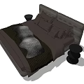 Elegant Modern Double Bed With Upholstered Headboard Pillows And Bedside Stools 3d model