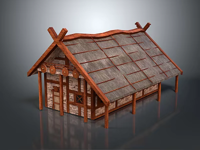 Rustic Wooden House With Thatch Roof Cross Beams And Wooden Support Pillars 3d model