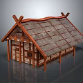 Rustic Wooden House With Thatch Roof Cross Beams And Wooden Support Pillars
