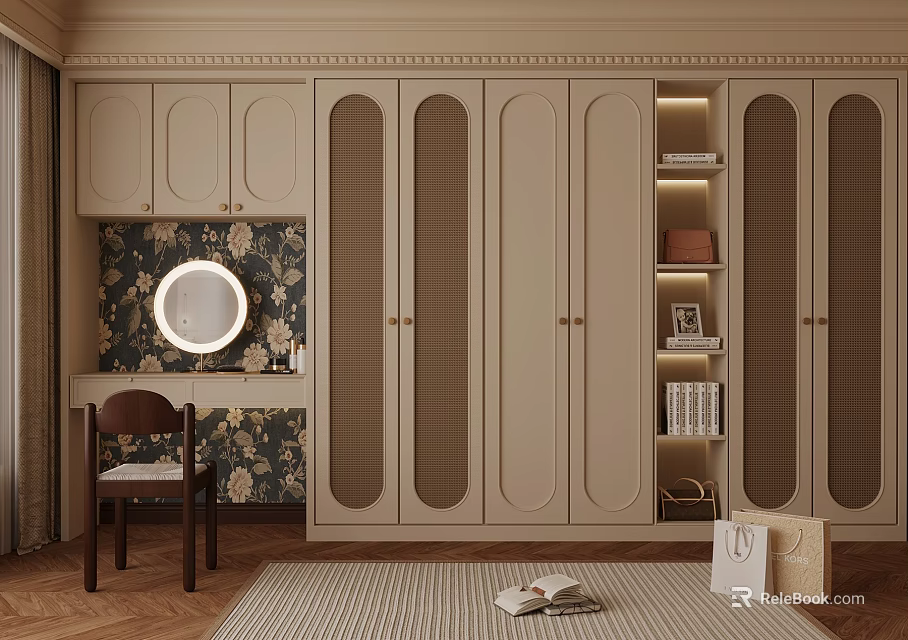 Elegant Beige Wardrobe Room With Dressing Table Round Mirror Floral Wallpaper And Wooden Chair 3d model 