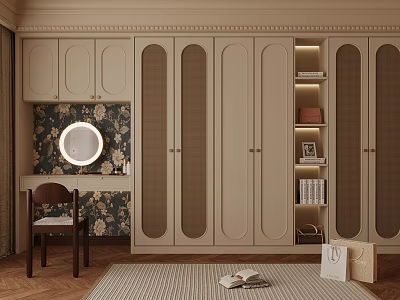 Elegant Beige Wardrobe Room With Dressing Table Round Mirror Floral Wallpaper And Wooden Chair 3d model