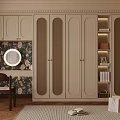 Elegant Beige Wardrobe Room With Dressing Table Round Mirror Floral Wallpaper And Wooden Chair