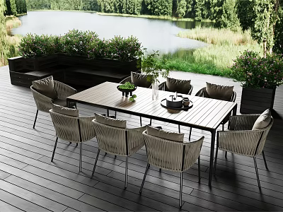 Outdoor Wicker Chairs With Wooden Table On Patio By Lake And Green Plants 3d model