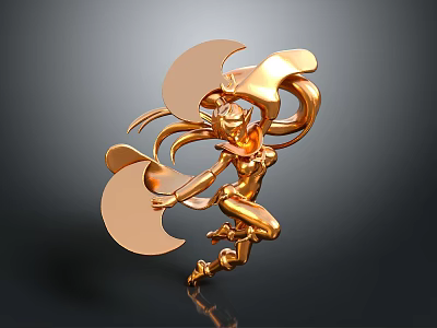 3D Rendered Golden Female Character With Dynamic Pose Flowing Hair And Decorative Wings 3d model