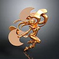 3D Rendered Golden Female Character With Dynamic Pose Flowing Hair And Decorative Wings