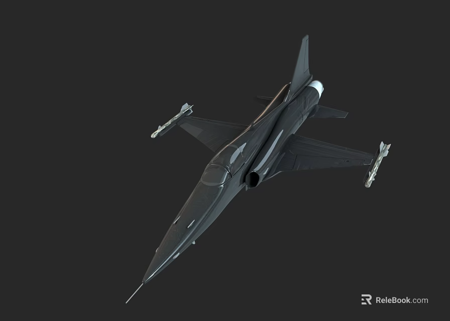 Black Fighter Jet 3D Model with Streamlined Design and Missile Attachments on Dark Background 3d model