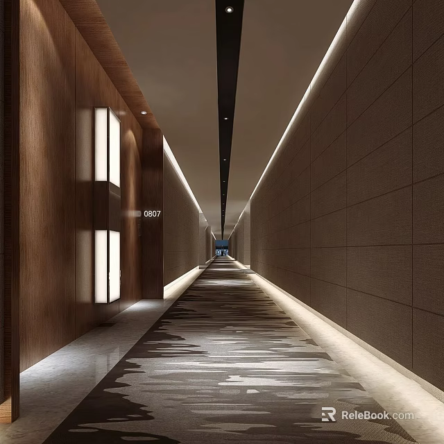 Elegant Modern Hotel Corridor Interior With Smooth Walls Recessed Lighting And Patterned Carpet 3d model 