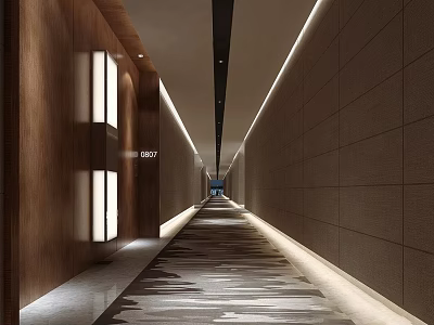 Elegant Modern Hotel Corridor Interior With Smooth Walls Recessed Lighting And Patterned Carpet 3d model