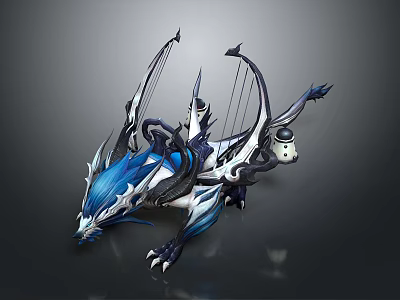 Blue And White Mechanical Dragon Mount With Bow Shaped Wings And Spiked Armor Details 3d model