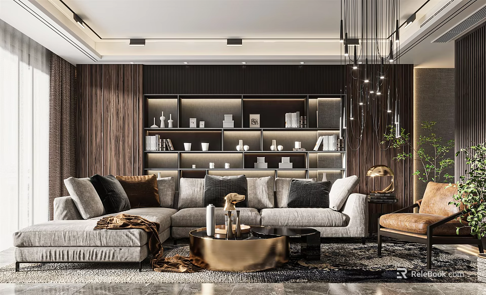 Modern Living Room Interior Design With Grey Sofa Wooden Wall Hanging Lights And Decorative Shelves 3d model 