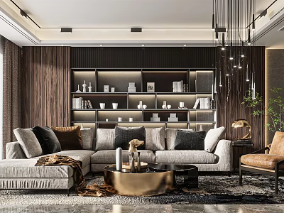 Modern Living Room Interior Design With Grey Sofa Wooden Wall Hanging Lights And Decorative Shelves 3d model