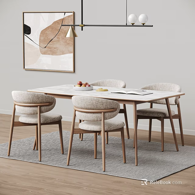Modern Minimalist Dining Table Set With Marble Top Upholstered Chairs And Abstract Wall Art 3d model 