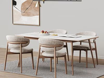 Modern Minimalist Dining Table Set With Marble Top Upholstered Chairs And Abstract Wall Art 3d model