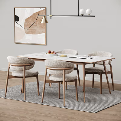 Modern Minimalist Dining Table Set With Marble Top Upholstered Chairs And Abstract Wall Art 3d model