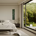 Modern Bedroom Interior With Bed Bench Bedside Tables And Window Greenery