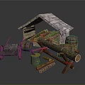 Wood and Stone Rustic Scene with Cabin Stacked Logs Barrels Cart and Stump