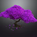 Purple Tree with Lush Leaves Brown Trunk Surrounded by Scattered Petals and Small Stones
