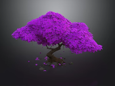 Purple Tree with Lush Leaves Brown Trunk Surrounded by Scattered Petals and Small Stones 3d model