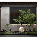 Modern Zen Feature Wall Design With Green Tree Stones Moon Shaped Sphere And Small Plants