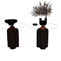Modern Side Tables With Cylindrical Bases Round Black Tops And Decorative Metal Bowl Vase