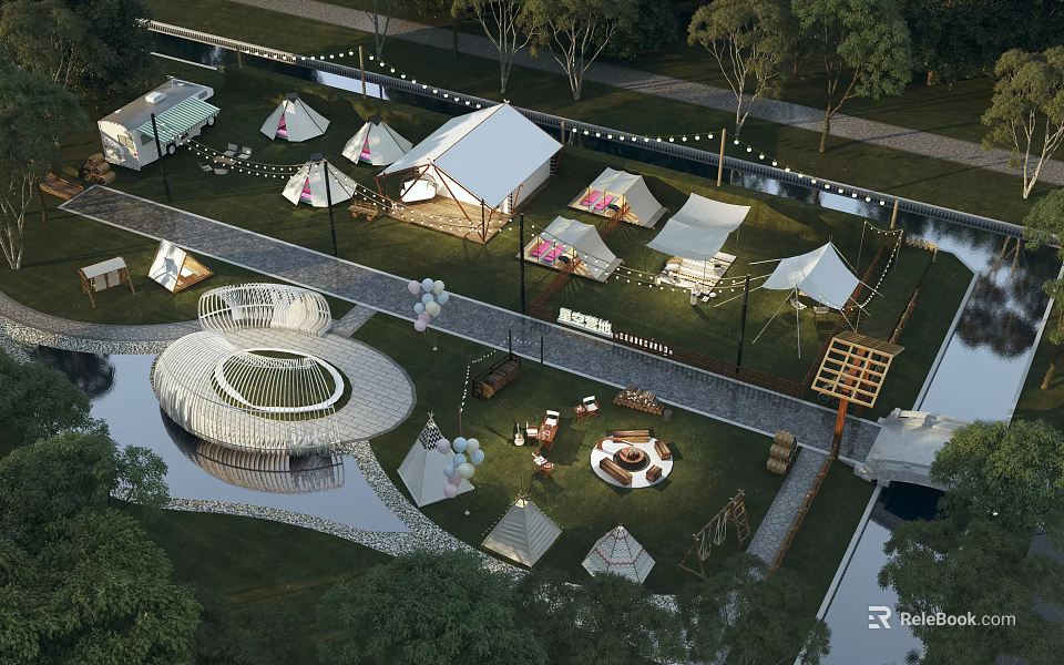 Scenic Camping Site With Multiple Tents Circular Structure Water Area And Green Grassland 3d model 