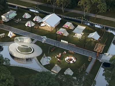 Scenic Camping Site With Multiple Tents Circular Structure Water Area And Green Grassland 3d model