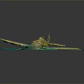Spacecraft Wreckage Model With Yellow Green Rust In Blue Water Cosmic Exploration