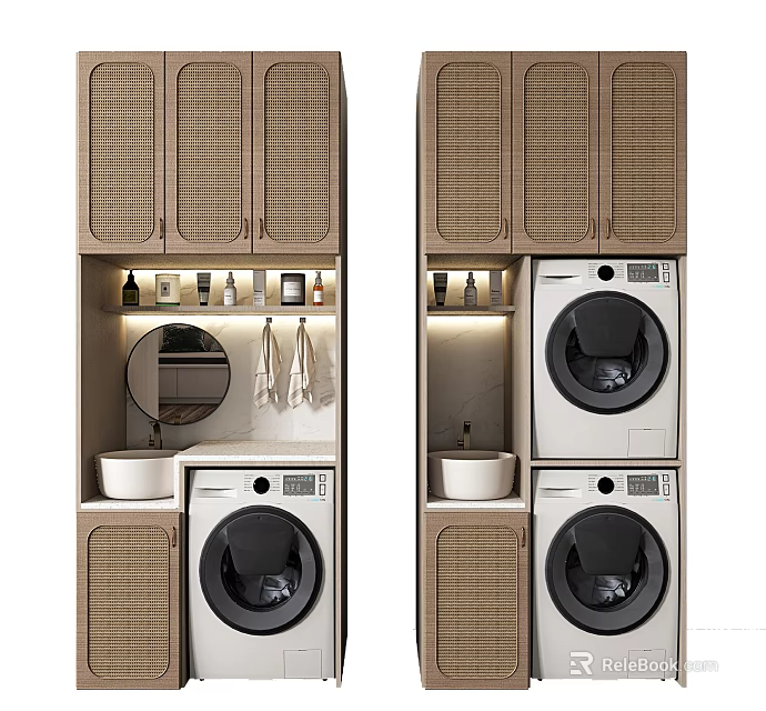 Elegant Bathroom Cabinet With Washing Machine Mirror Storage And Lighting 3d model 