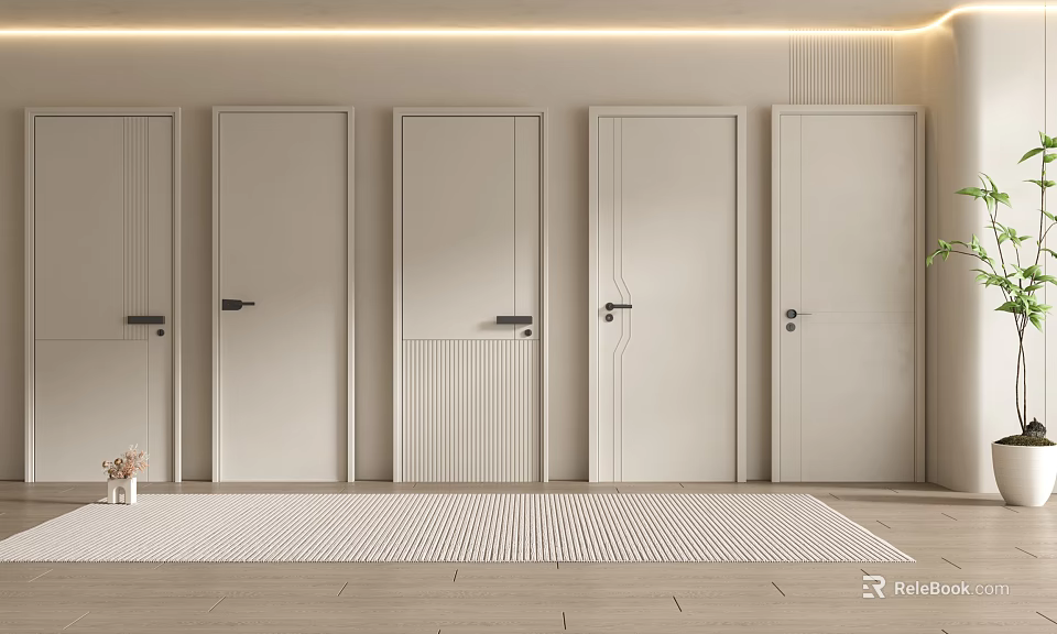 Light Colored Flush Doors With Different Designs And Black Handles In Interior Setting 3d model 