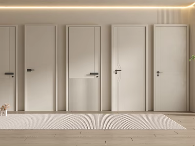 Light Colored Flush Doors With Different Designs And Black Handles In Interior Setting 3d model