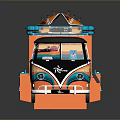 Colorful Orange And Blue Food Truck Model With Surfboard On Top And Detailed Design