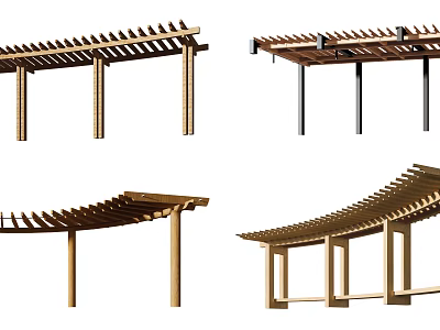Various Wooden Pergola Structures With Different Roof Designs For Outdoor Use 3d model
