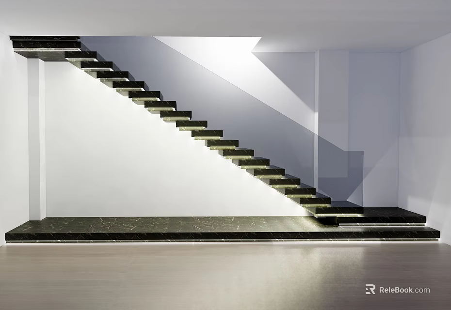 Modern Interior Staircase With Black Steps And Lighting On White Walls 3d model