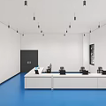 Industrial Workshop Interior With Blue Floor White Workbench Blue Shelves And Yellow Crane