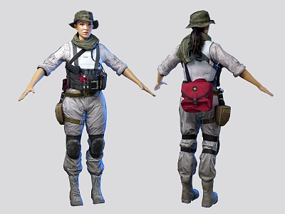 Woman In Tactical Gear With White Shirt Gray Pants Hat Knee Pads And Red Backpack 3d model