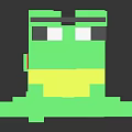 Pixelated Green Frog Figure With Blocky Design Yellow Mouth And Black Background Reflection