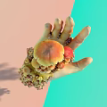 Man's Hand Adorned With Colorful Mushrooms and Hanging Berries in Pastel Gradient