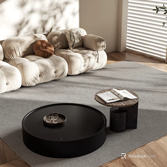 Modern Living Room With Plush Sofa Neutral Rug Round Black Coffee Table And Tray 3d model 