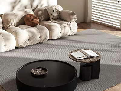 Modern Living Room With Plush Sofa Neutral Rug Round Black Coffee Table And Tray 3d model