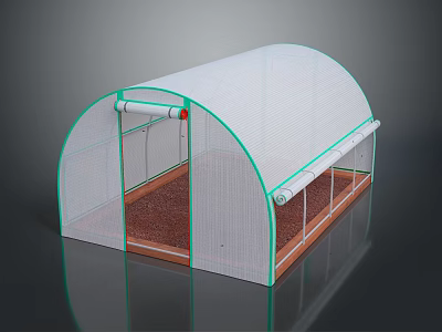 Scenic Landscape Featuring Transparent Arch Greenhouse With Brown Soil And Green Frame 3d model