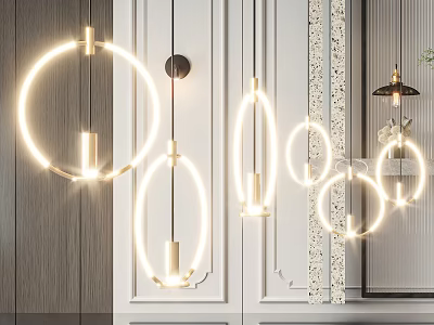 Modern Interior Design With Circular And Oval Gold Frame Pendant Lights 3d model