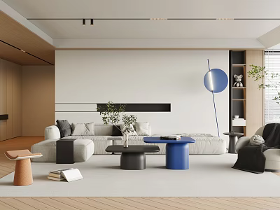 Modern Minimalist Living Room With Sofa Colorful Tables And Plants 3d model
