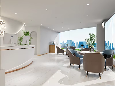 Modern Gym Reception Lounge With Comfortable Seating Green Plants And City View 3d model