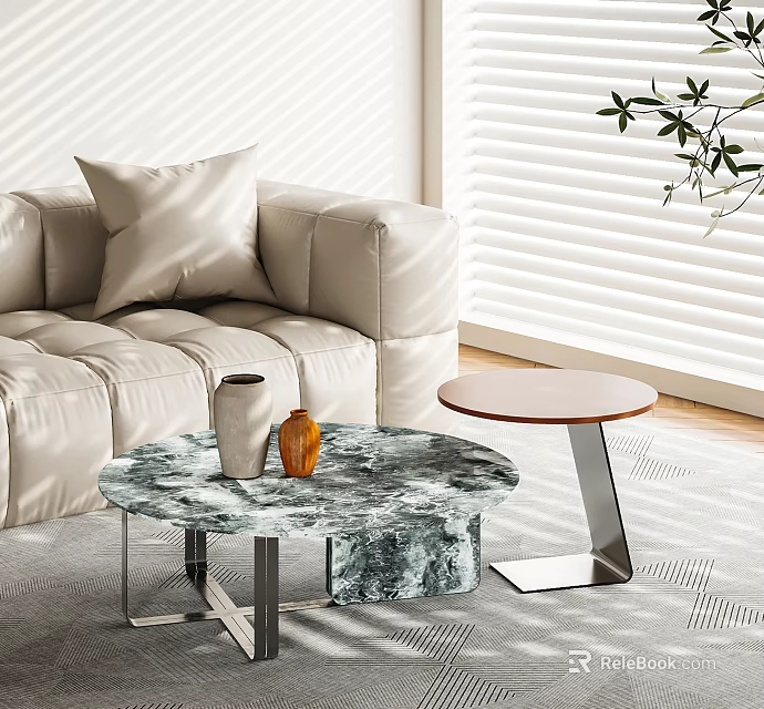 Modern Round Coffee Table With Marble Top Metal Frame And Decorative Vases In Living Room 3d model 